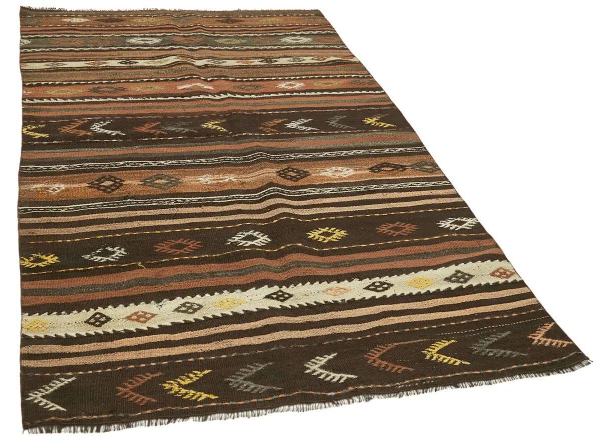 Kıl Çizgili Kahverengi Keçi Kılı İpliğinden El Dokuma Kilim-138x247 - Görsel 2