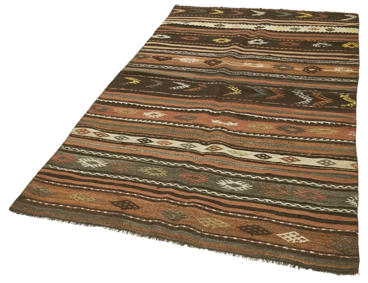 Kıl Çizgili Kahverengi Keçi Kılı İpliğinden El Dokuma Kilim-138x247 - Görsel 3