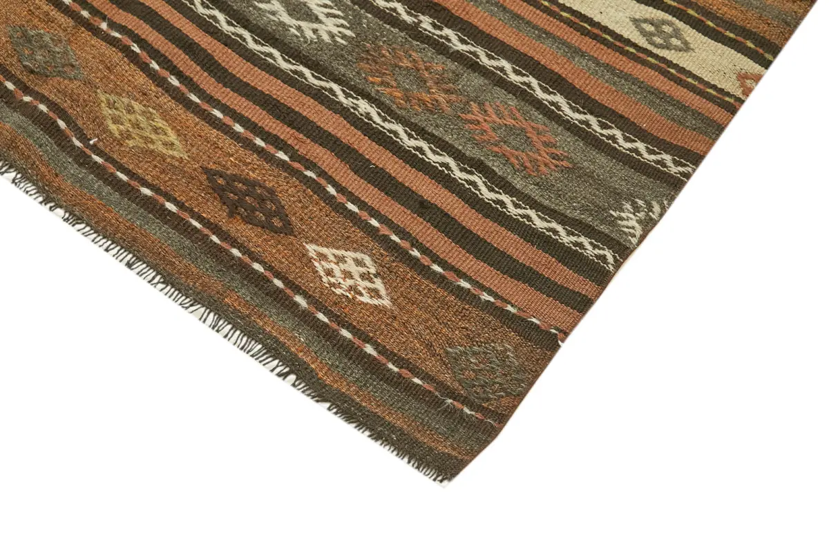 Kıl Çizgili Kahverengi Keçi Kılı İpliğinden El Dokuma Kilim-138x247 - Görsel 4
