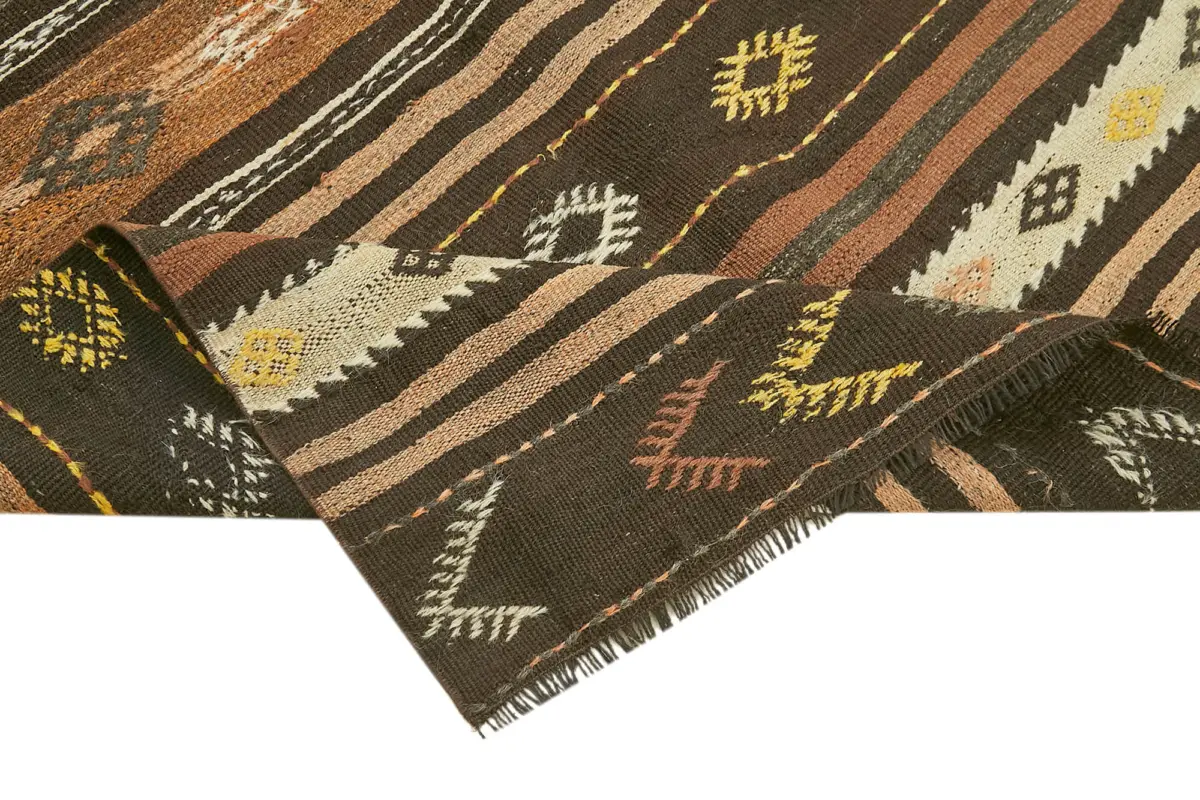 Kıl Çizgili Kahverengi Keçi Kılı İpliğinden El Dokuma Kilim-138x247 - Görsel 6