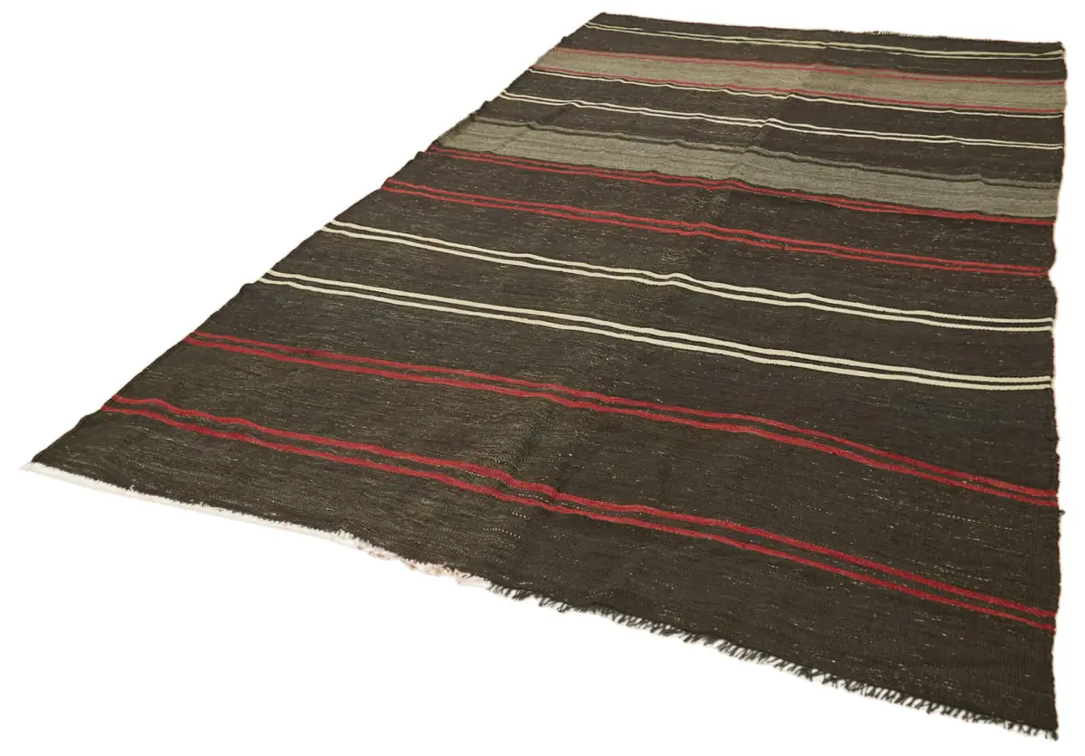 Kıl Çizgili Kahverengi Keçi Kılı İpliğinden El Dokuma Kilim-190x337 - Görsel 3