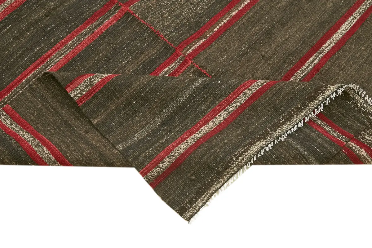 Kıl Çizgili Kahverengi Keçi Kılı İpliğinden El Dokuma Kilim-130x253 - Görsel 6