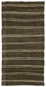 Kıl Çizgili Kahverengi Keçi Kılı İpliğinden El Dokuma Kilim-185x354