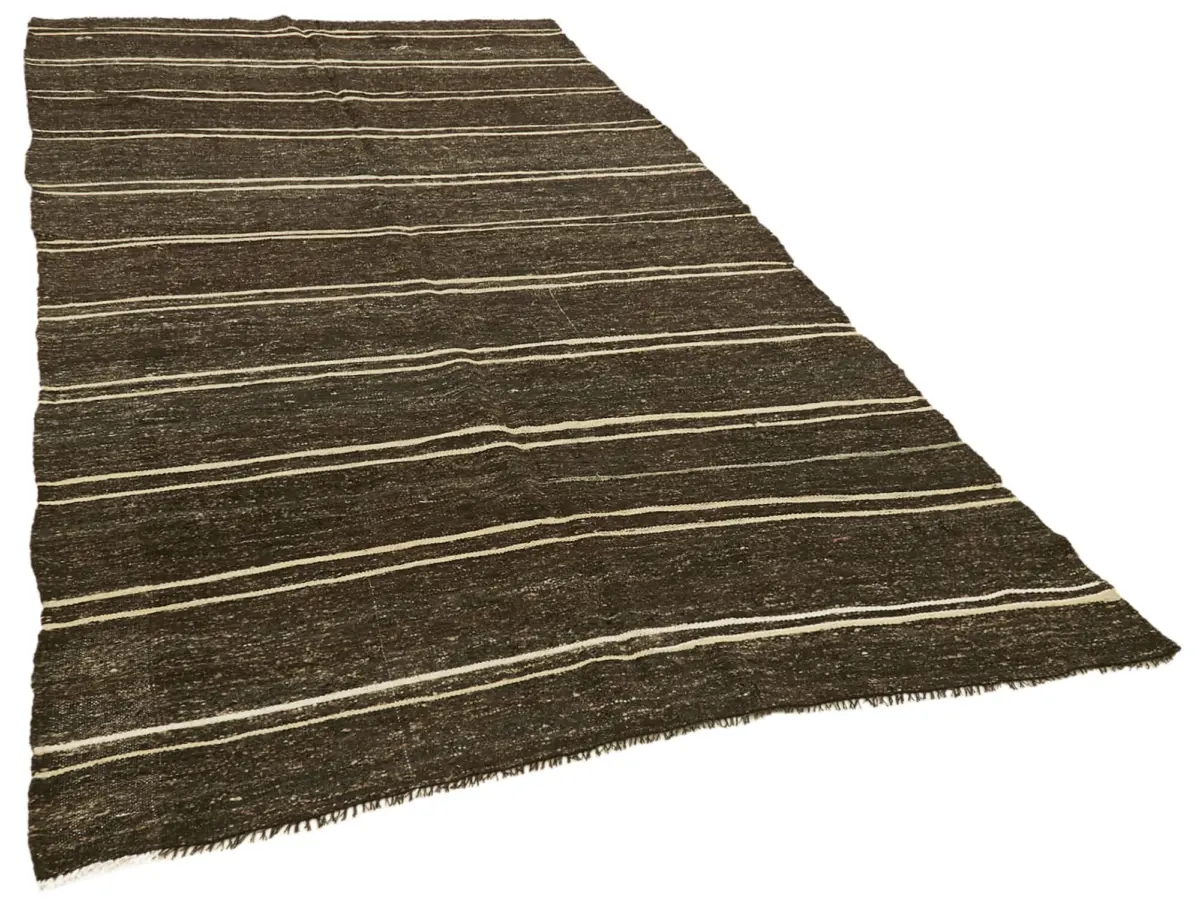 Kıl Çizgili Kahverengi Keçi Kılı İpliğinden El Dokuma Kilim-185x354 - Görsel 2