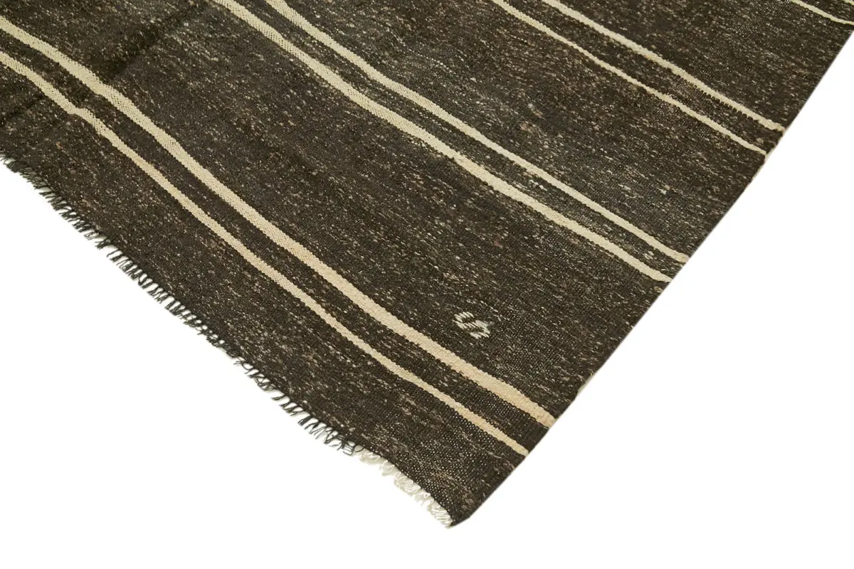 Kıl Çizgili Kahverengi Keçi Kılı İpliğinden El Dokuma Kilim-185x354 - Görsel 4