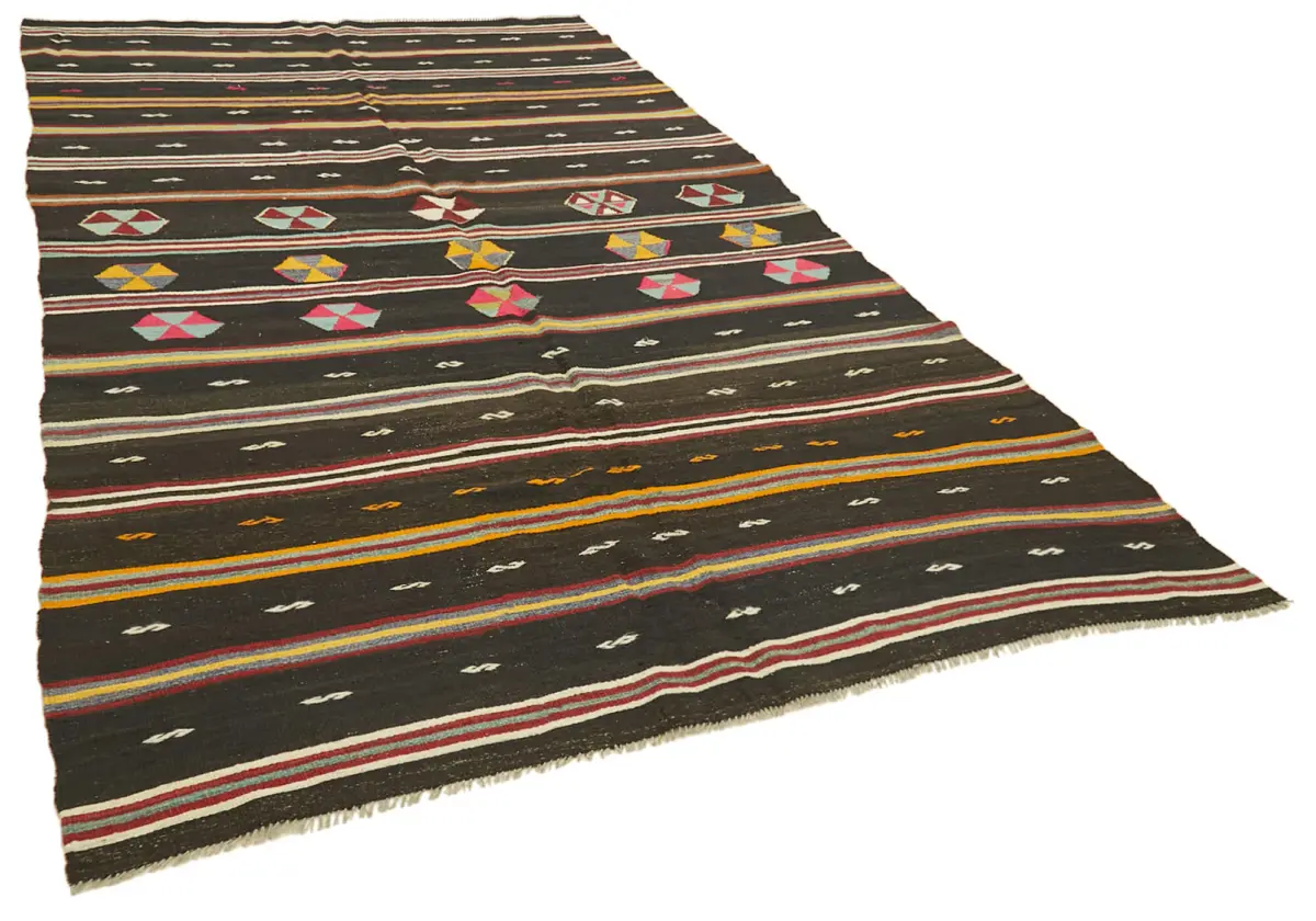 Kıl Çizgili Kahverengi Keçi Kılı İpliğinden El Dokuma Kilim-197x345 - Görsel 2
