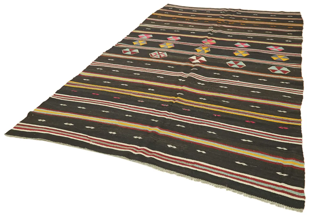 Kıl Çizgili Kahverengi Keçi Kılı İpliğinden El Dokuma Kilim-197x345 - Görsel 3