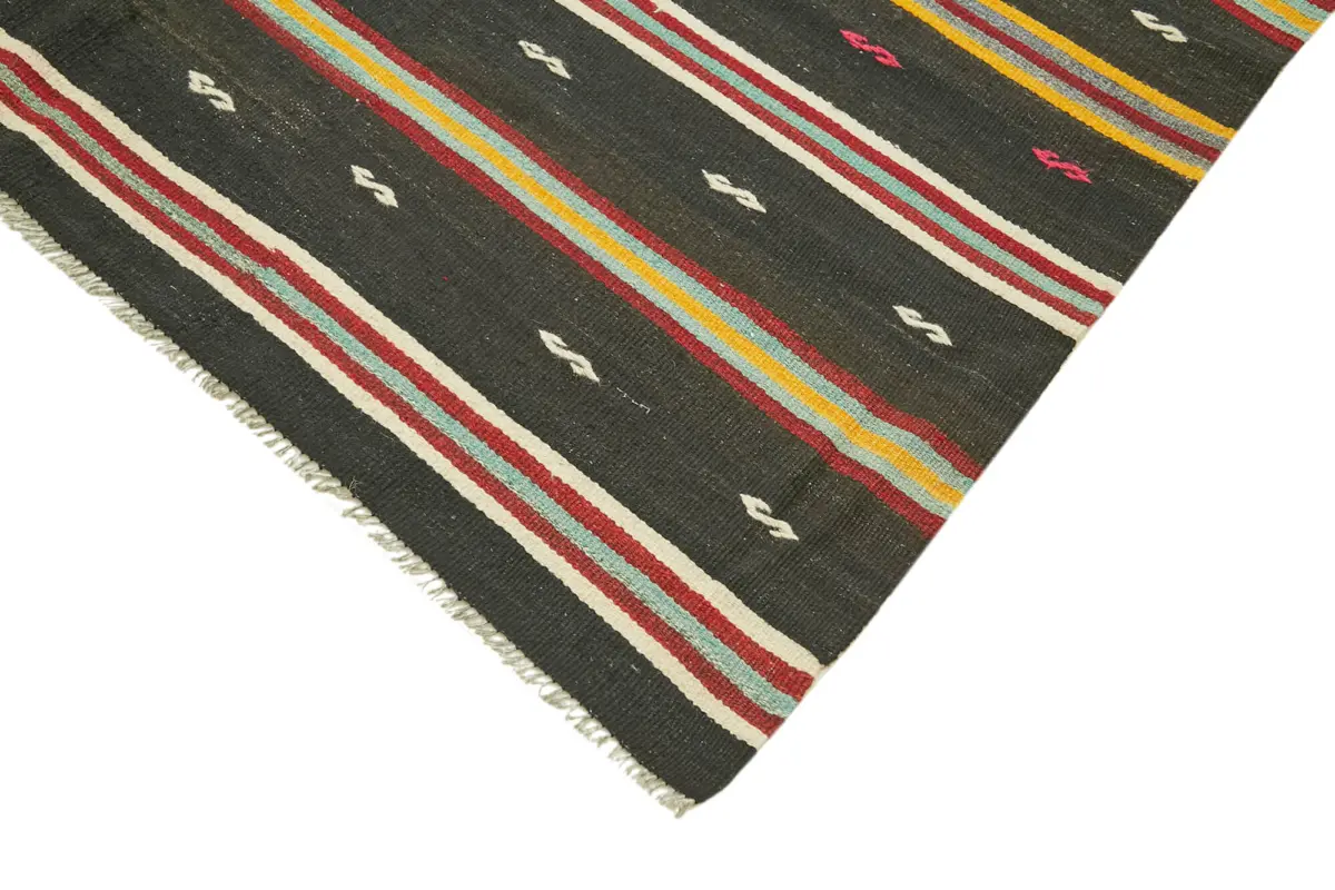 Kıl Çizgili Kahverengi Keçi Kılı İpliğinden El Dokuma Kilim-197x345 - Görsel 4