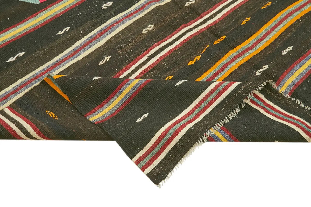 Kıl Çizgili Kahverengi Keçi Kılı İpliğinden El Dokuma Kilim-197x345 - Görsel 6