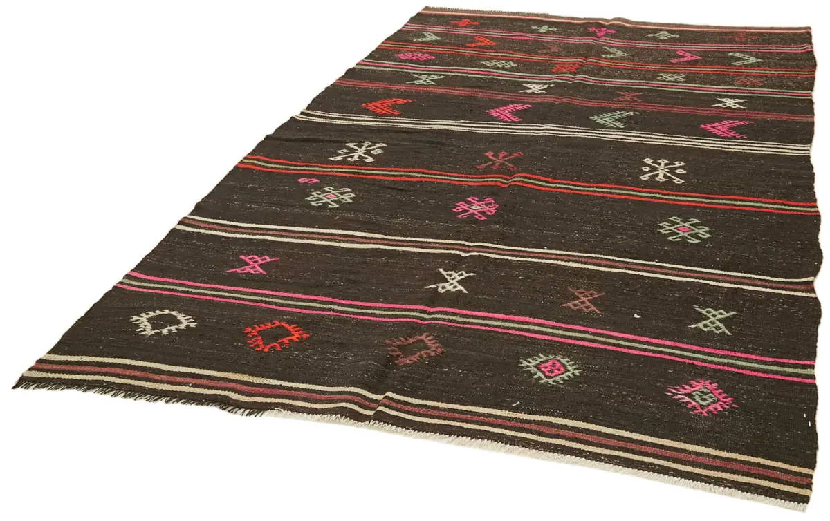 Kıl Çizgili Kahverengi Keçi Kılı İpliğinden El Dokuma Kilim-188x285 - Görsel 3