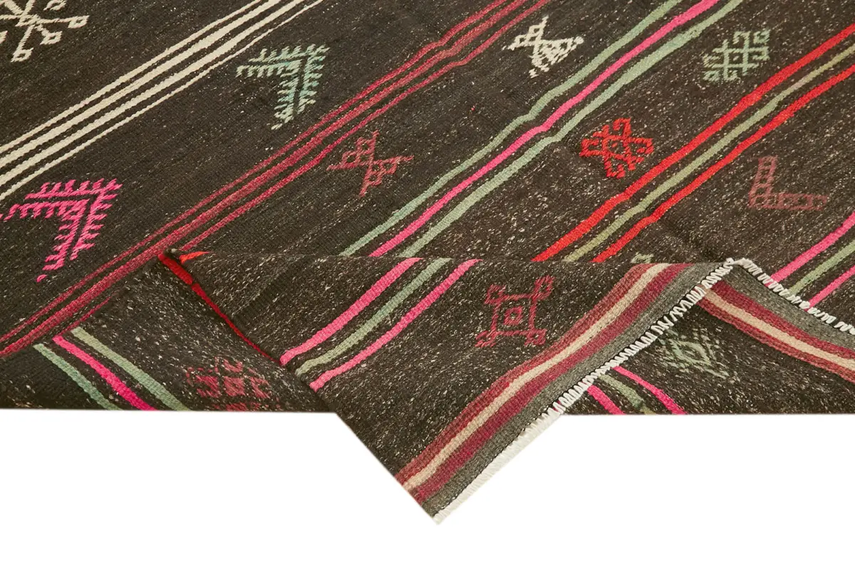 Kıl Çizgili Kahverengi Keçi Kılı İpliğinden El Dokuma Kilim-188x285 - Görsel 6
