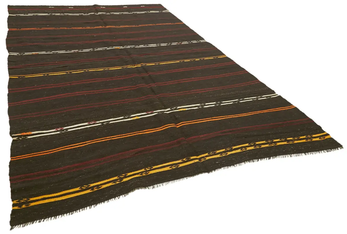 Kıl Çizgili Kahverengi Keçi Kılı İpliğinden El Dokuma Kilim-205x306 - Görsel 2
