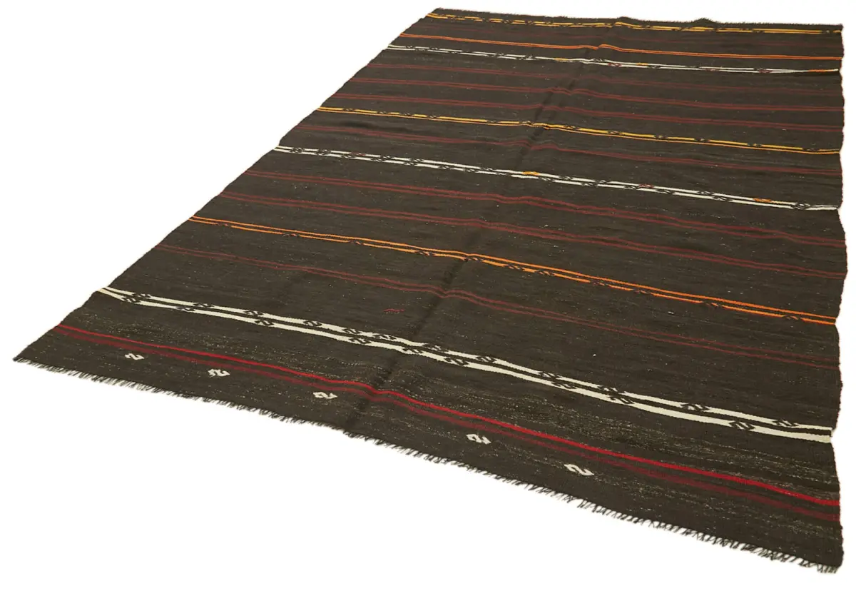 Kıl Çizgili Kahverengi Keçi Kılı İpliğinden El Dokuma Kilim-205x306 - Görsel 3