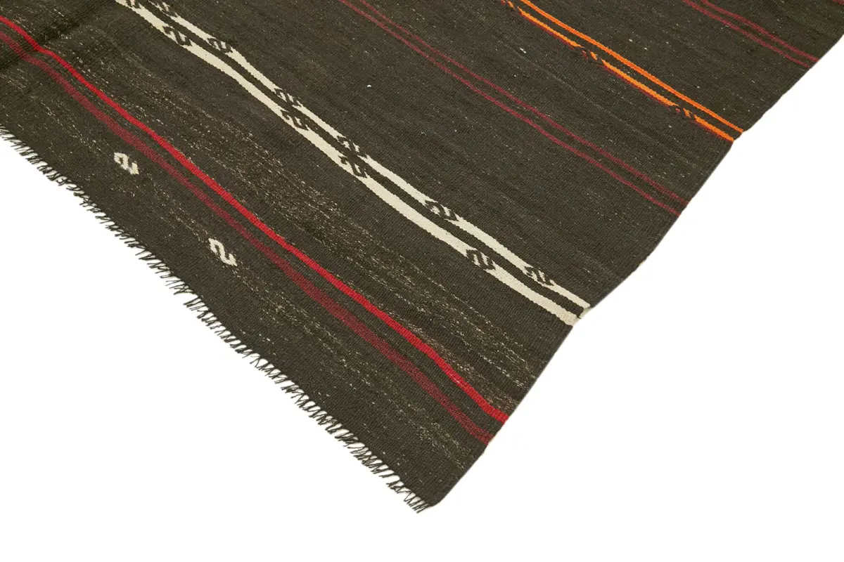 Kıl Çizgili Kahverengi Keçi Kılı İpliğinden El Dokuma Kilim-205x306 - Görsel 4