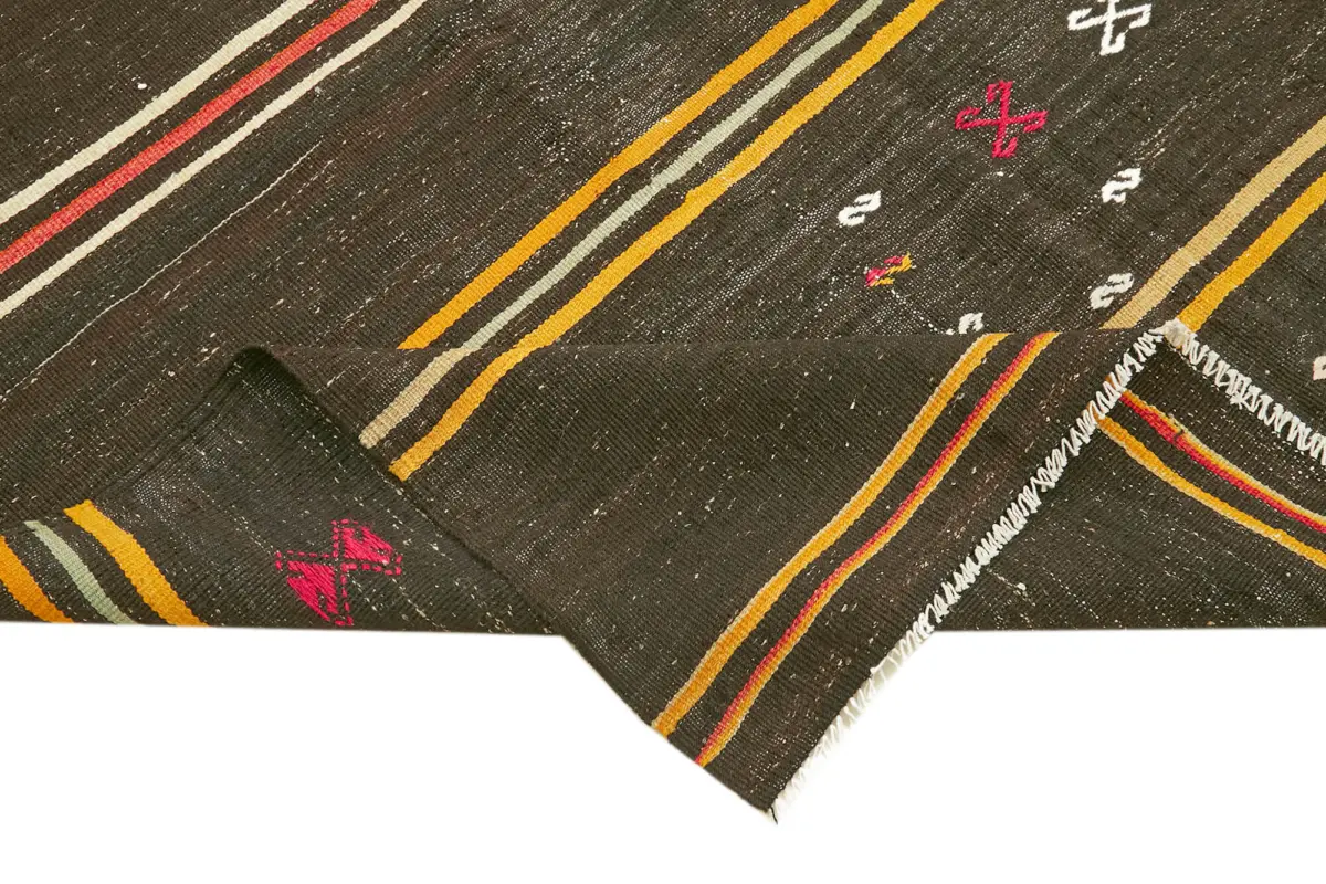 Kıl Çizgili Kahverengi Keçi Kılı İpliğinden El Dokuma Kilim-211x346 - Görsel 6
