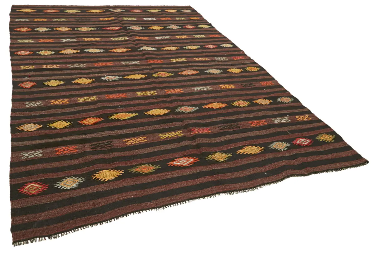 Kıl Çizgili Kahverengi Keçi Kılı İpliğinden El Dokuma Kilim-204x310 - Görsel 2