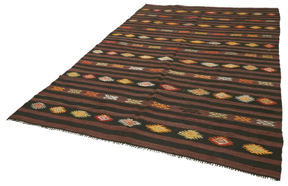 Kıl Çizgili Kahverengi Keçi Kılı İpliğinden El Dokuma Kilim-204x310 - Görsel 3