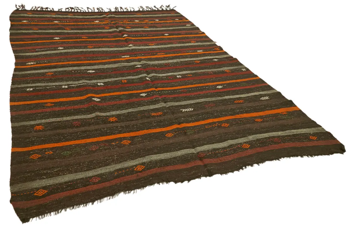 Kıl Çizgili Kahverengi Keçi Kılı İpliğinden El Dokuma Kilim-213x308 - Görsel 2