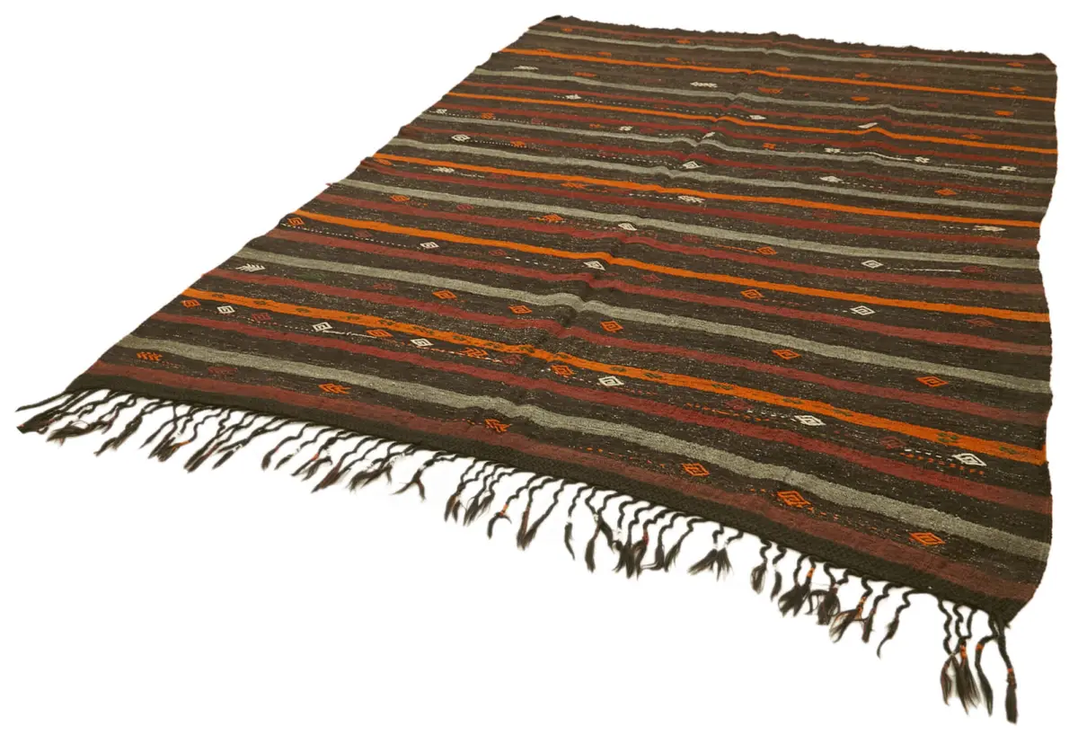 Kıl Çizgili Kahverengi Keçi Kılı İpliğinden El Dokuma Kilim-213x308 - Görsel 3
