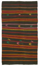 Kıl Çizgili Kahverengi Keçi Kılı İpliğinden El Dokuma Kilim-208x371