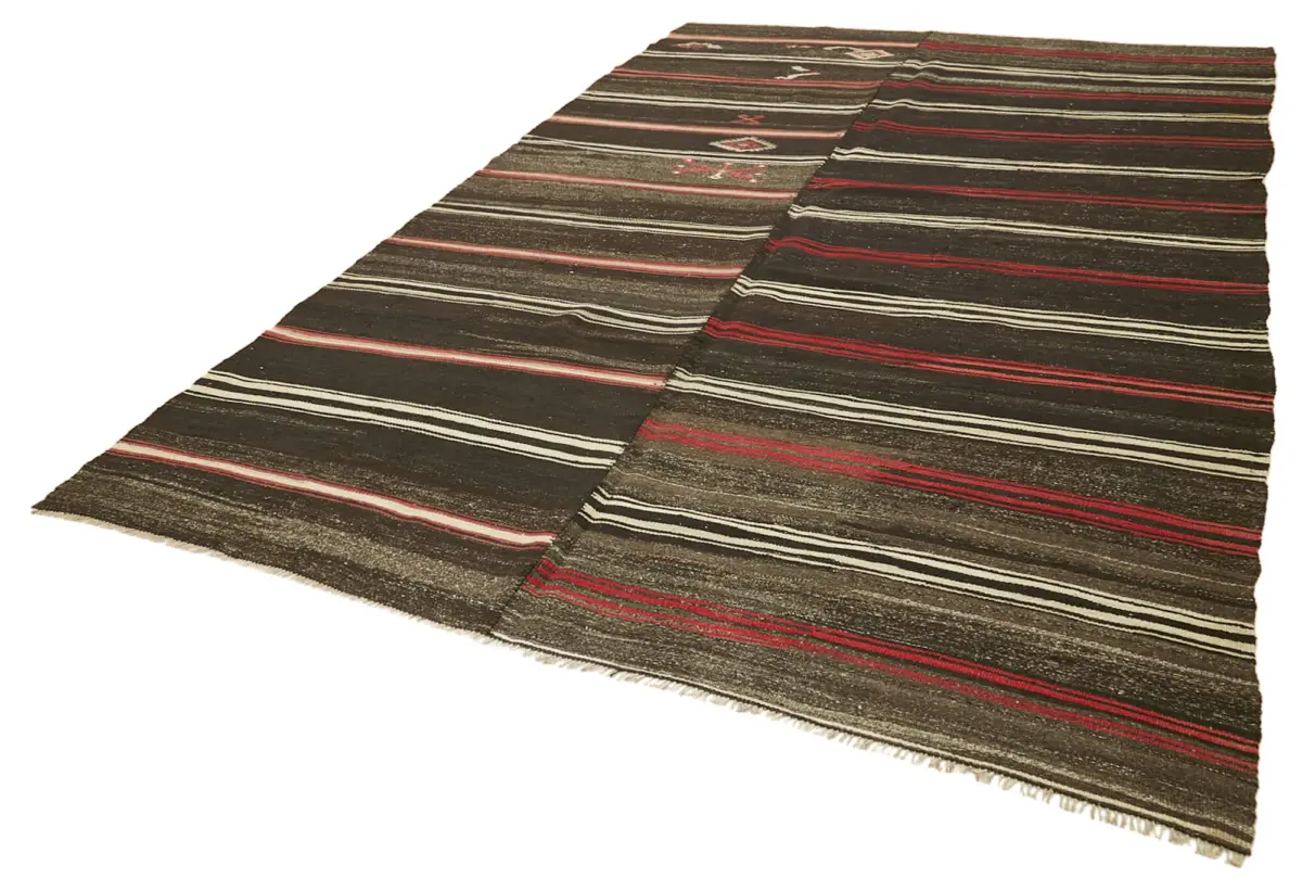 Kıl Çizgili Kahverengi Keçi Kılı İpliğinden El Dokuma Kilim-235x378 - Görsel 3