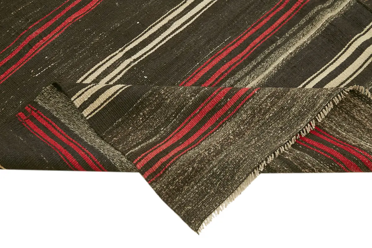 Kıl Çizgili Kahverengi Keçi Kılı İpliğinden El Dokuma Kilim-235x378 - Görsel 6