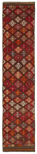 Herki Eskitme Kırmızı Pamuk Üzerine Yün El Dokuma Halı-090x385