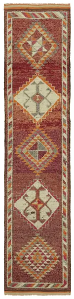 Herki Eskitme Kırmızı Pamuk Üzerine Yün El Dokuma Halı-088x370