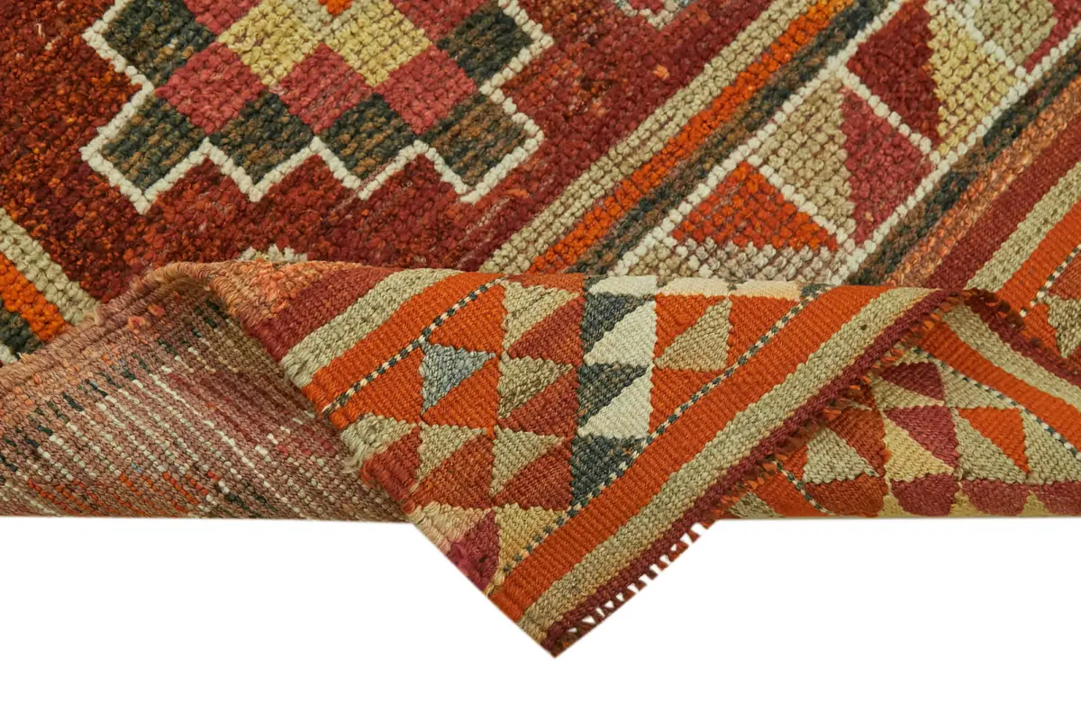 Herki Eskitme Kırmızı Pamuk Üzerine Yün El Dokuma Halı-094x400 - Görsel 6