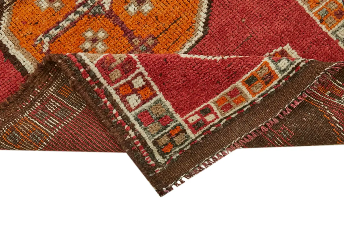 Herki Eskitme Kırmızı Pamuk Üzerine Yün El Dokuma Halı-097x376 - Görsel 6