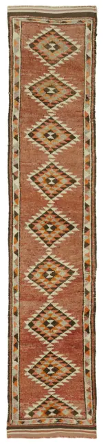 Herki Eskitme Kırmızı Pamuk Üzerine Yün El Dokuma Halı-080x360