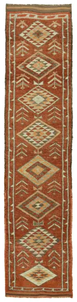 Herki Eskitme Kahverengi Pamuk Üzerine Yün El Dokuma Halı-088x365