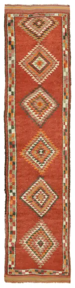 Herki Eskitme Kırmızı Pamuk Üzerine Yün El Dokuma Halı-086x355