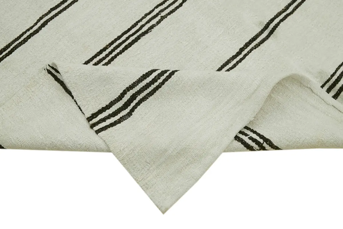 Kendir Çizgili Beyaz Kenevir İpinden El Dokuma Kilim-177x350 - Görsel 6