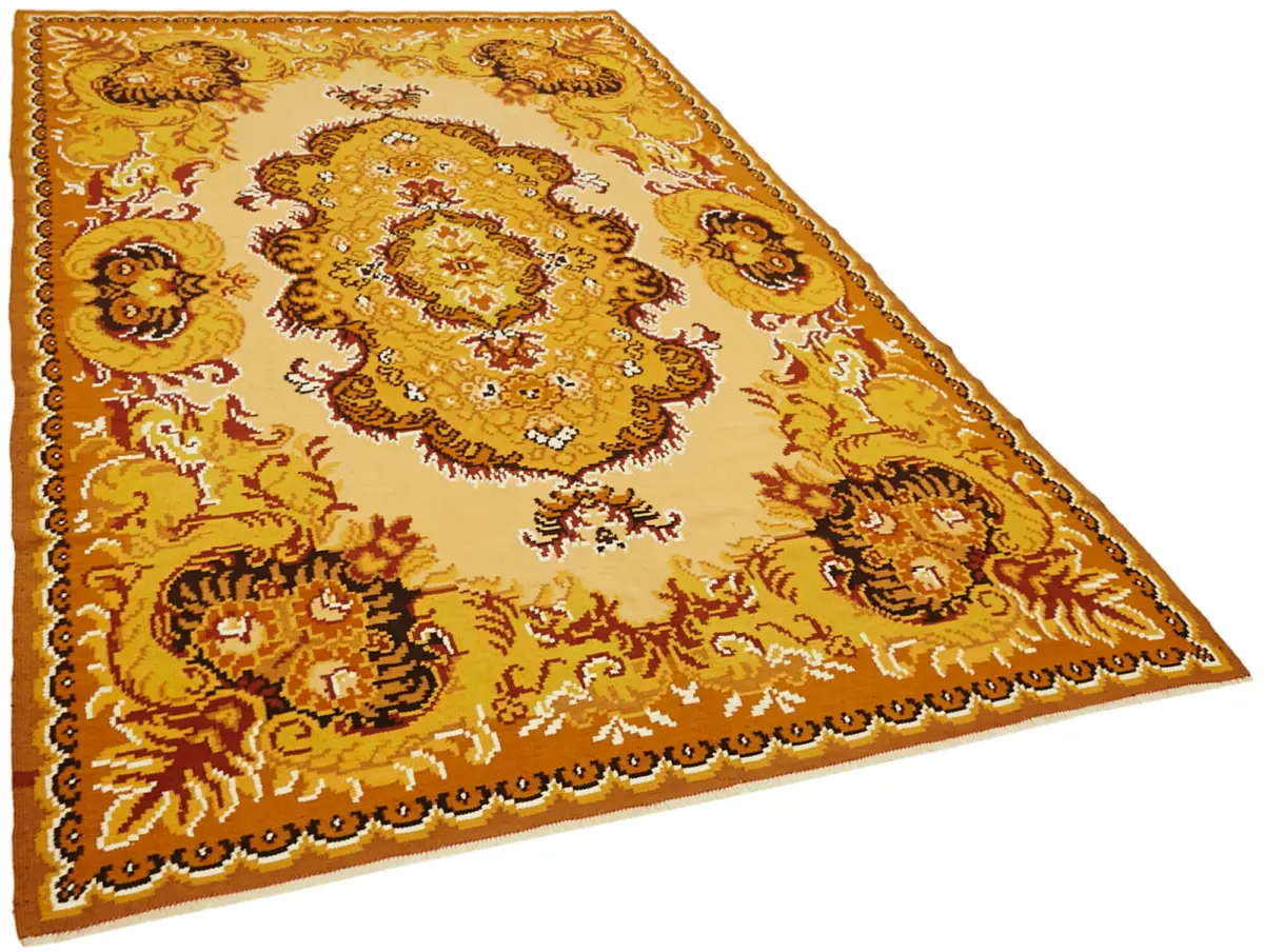 Moldovian Klasik Göbekli Kahverengi Pamuk Üzerine Yün El Dokuma Kilim-196x288 - Görsel 2