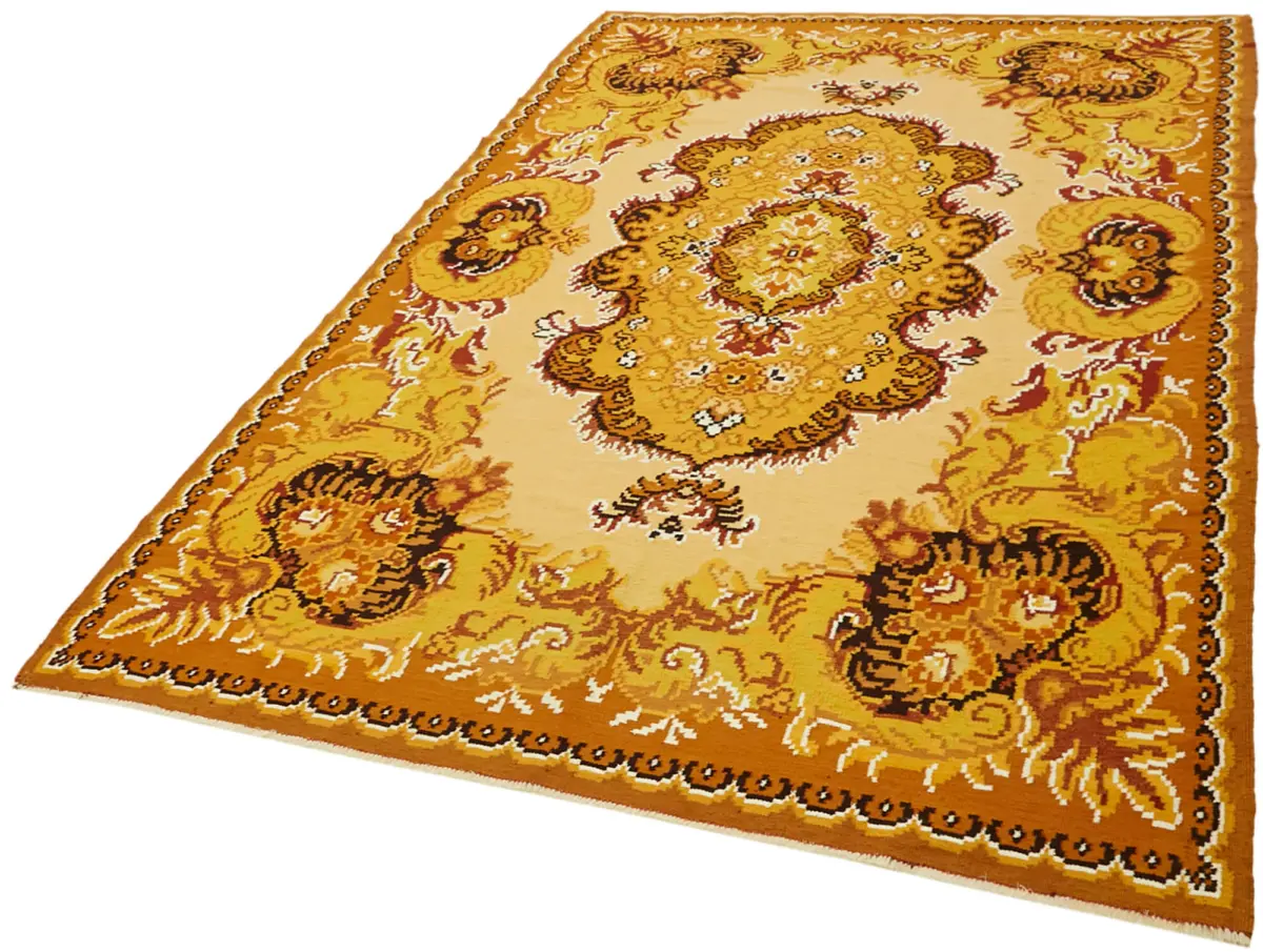 Moldovian Klasik Göbekli Kahverengi Pamuk Üzerine Yün El Dokuma Kilim-196x288 - Görsel 3