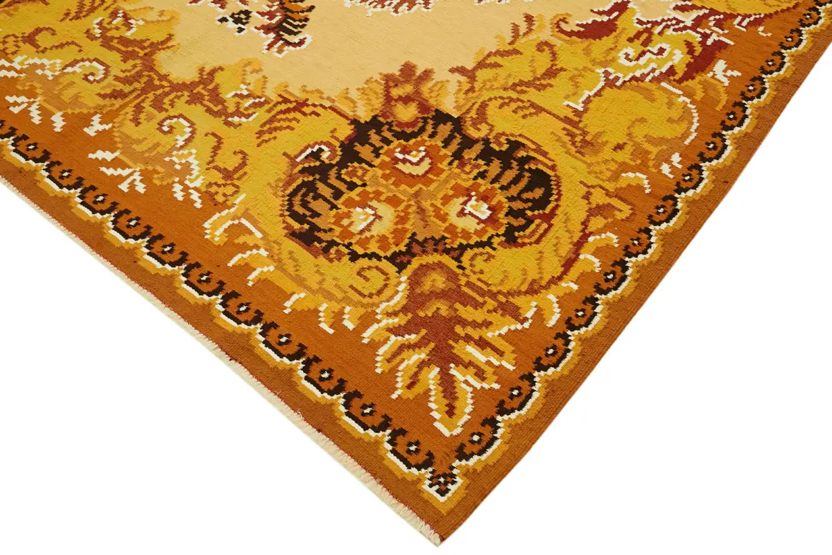 Moldovian Klasik Göbekli Kahverengi Pamuk Üzerine Yün El Dokuma Kilim-196x288 - Görsel 4