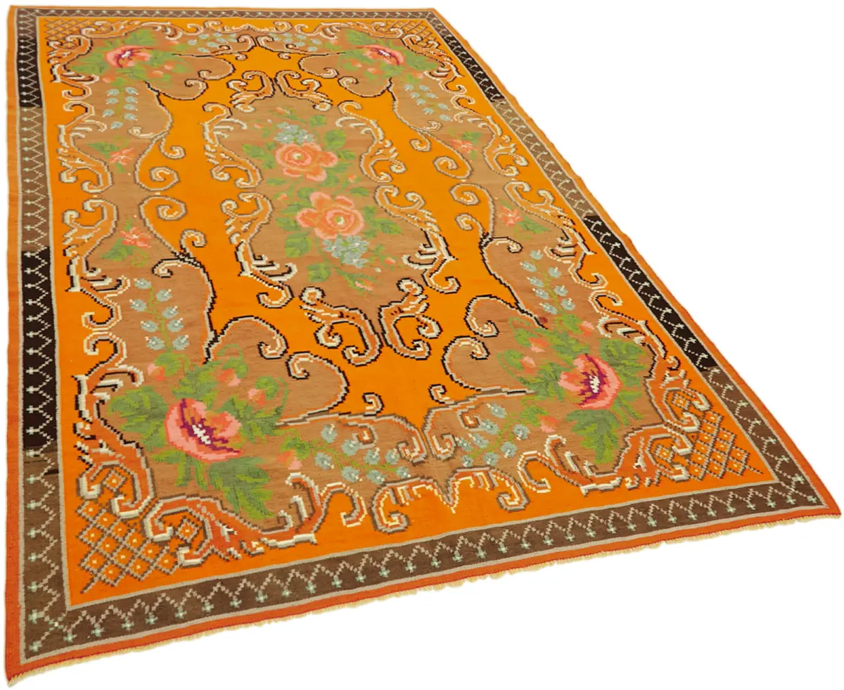Moldovian Klasik Göbekli Turuncu Pamuk Üzerine Yün El Dokuma Kilim-175x261 - Görsel 2
