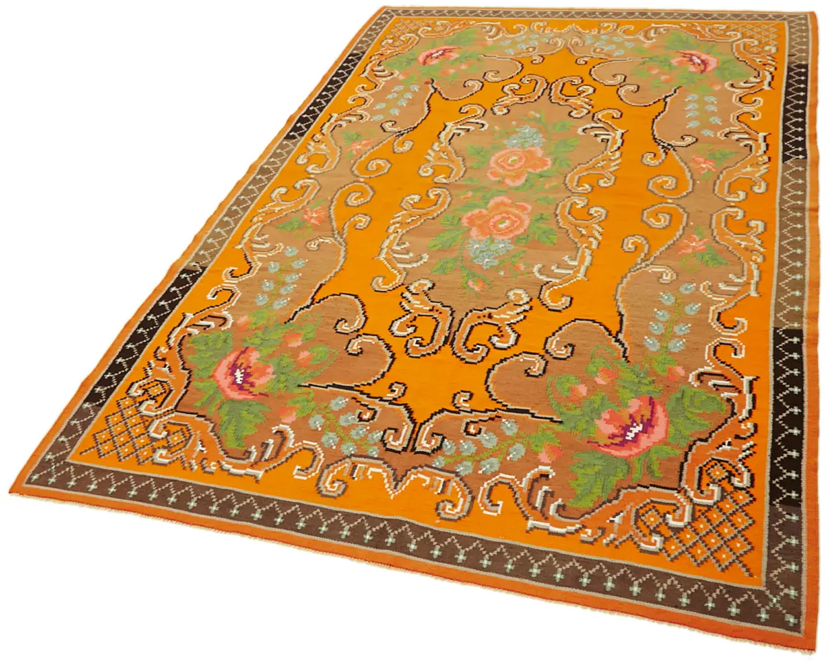 Moldovian Klasik Göbekli Turuncu Pamuk Üzerine Yün El Dokuma Kilim-175x261 - Görsel 3