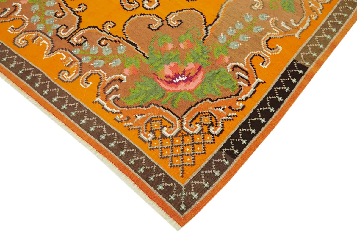 Moldovian Klasik Göbekli Turuncu Pamuk Üzerine Yün El Dokuma Kilim-175x261 - Görsel 4