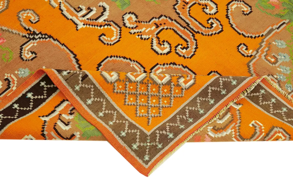 Moldovian Klasik Göbekli Turuncu Pamuk Üzerine Yün El Dokuma Kilim-175x261 - Görsel 6
