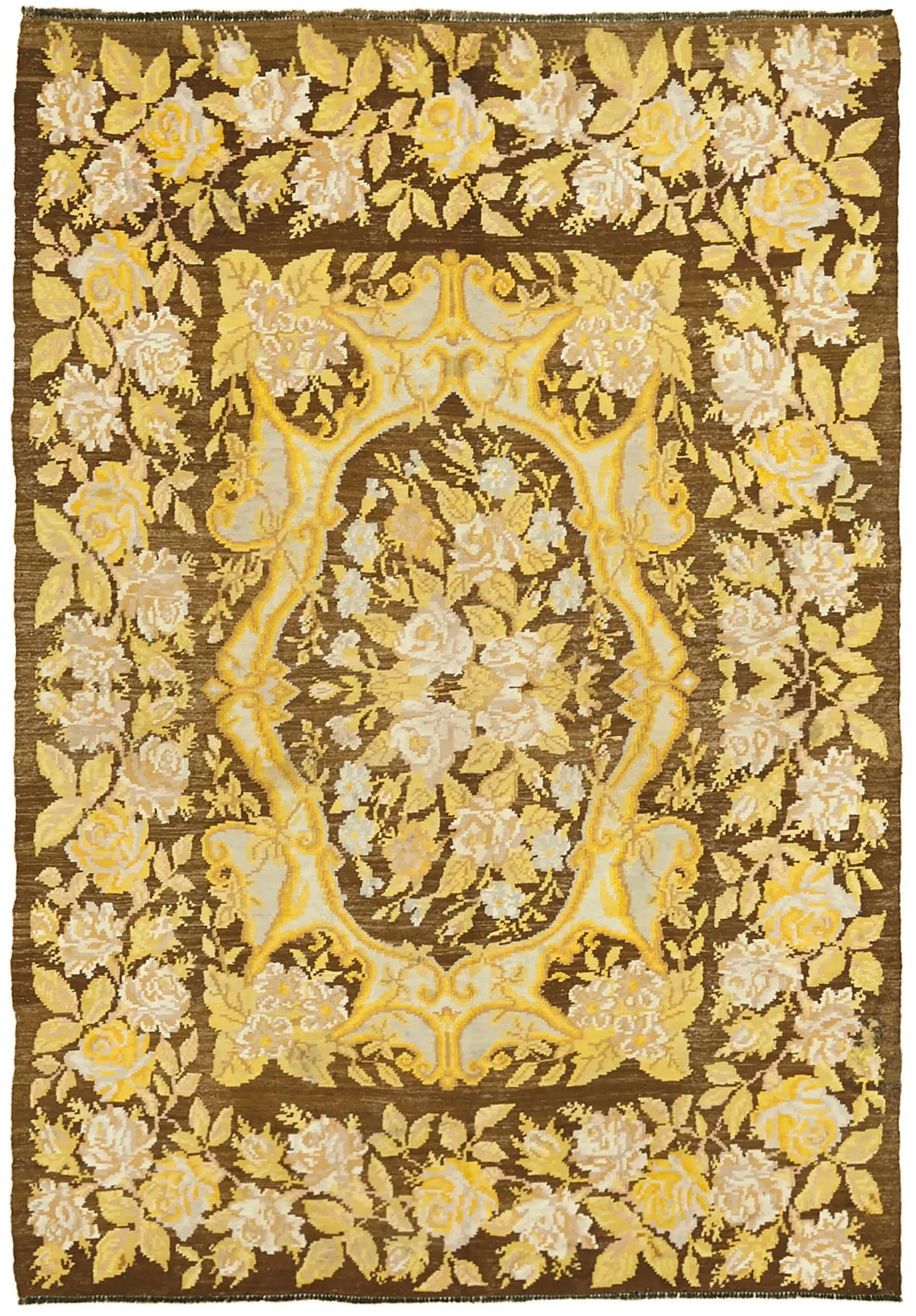 Moldovian Klasik Göbekli Kahverengi Pamuk Üzerine Yün El Dokuma Kilim-186x264 - Görsel 1