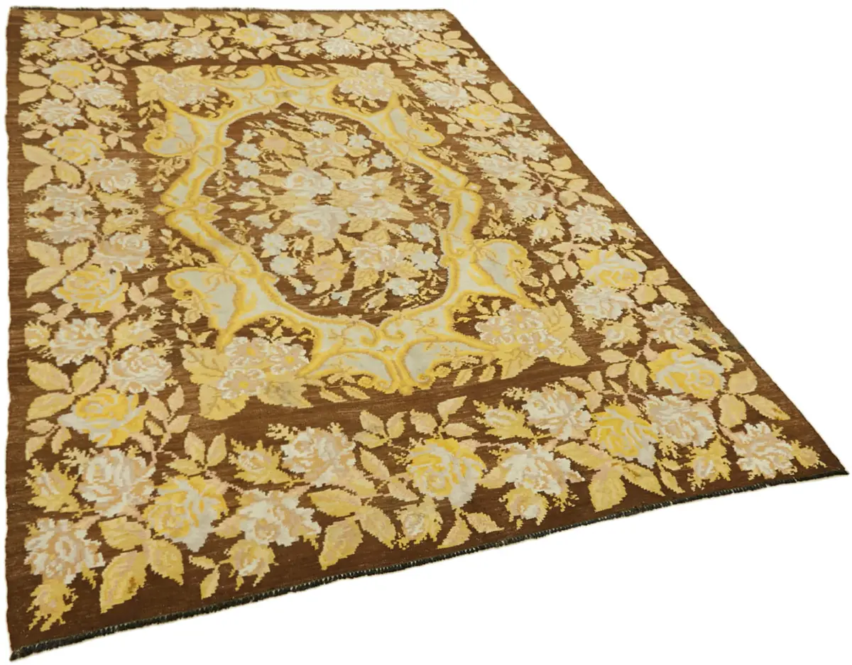 Moldovian Klasik Göbekli Kahverengi Pamuk Üzerine Yün El Dokuma Kilim-186x264 - Görsel 2