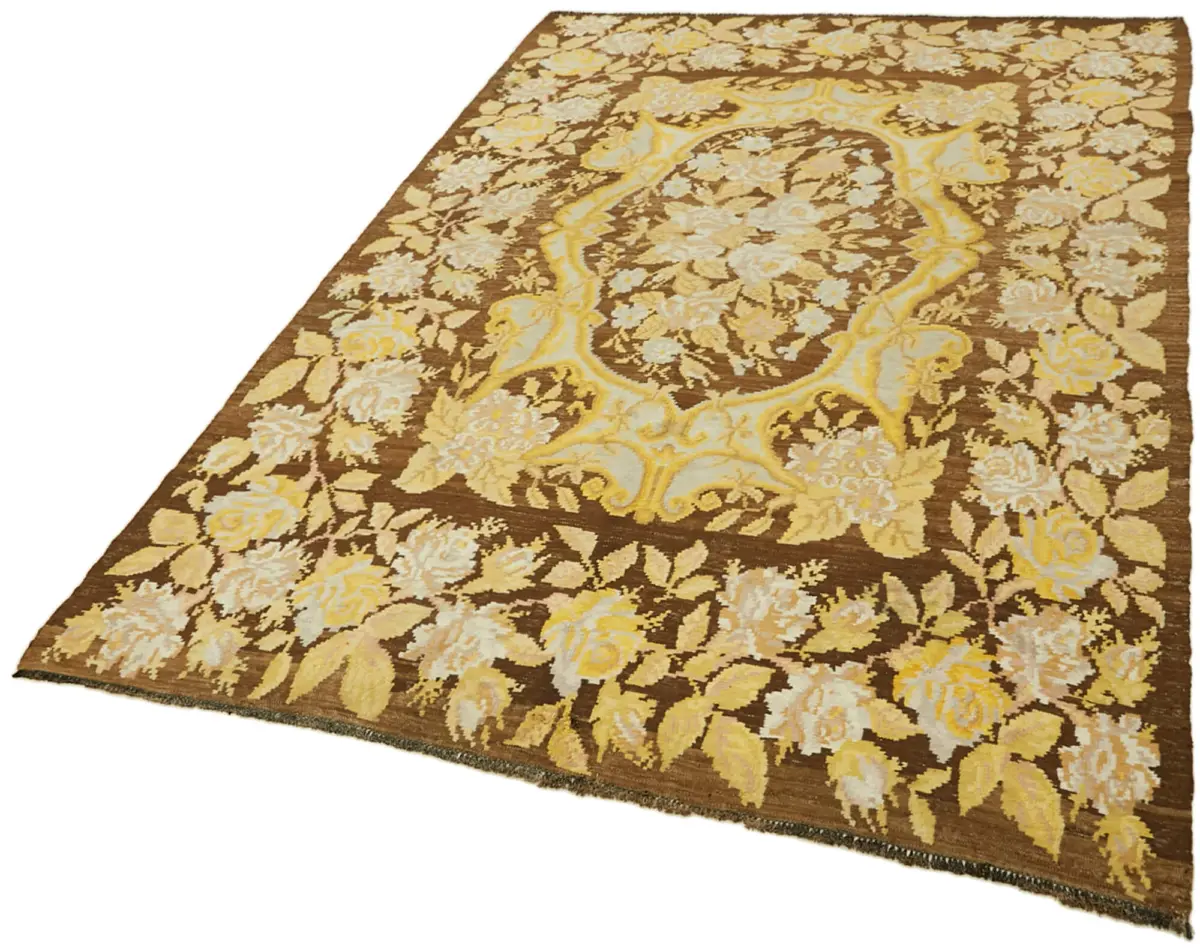 Moldovian Klasik Göbekli Kahverengi Pamuk Üzerine Yün El Dokuma Kilim-186x264 - Görsel 3