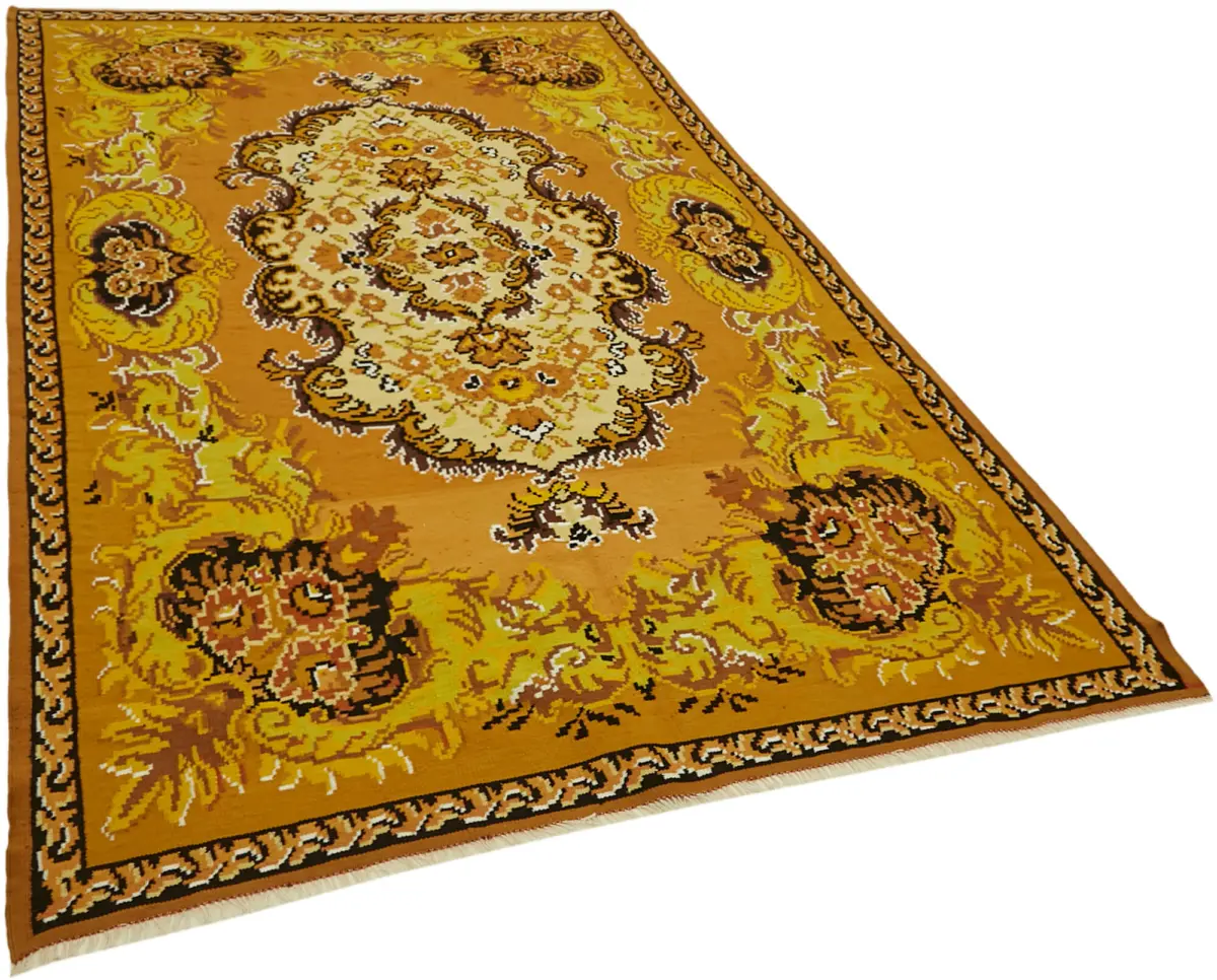 Moldovian Klasik Göbekli Sarı Pamuk Üzerine Yün El Dokuma Kilim-189x285 - Görsel 2