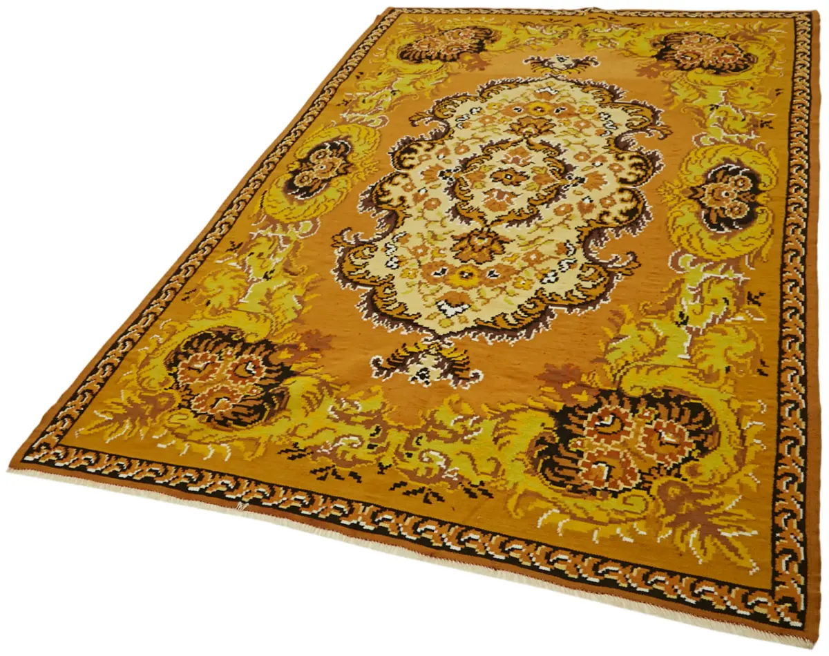 Moldovian Klasik Göbekli Sarı Pamuk Üzerine Yün El Dokuma Kilim-189x285 - Görsel 3