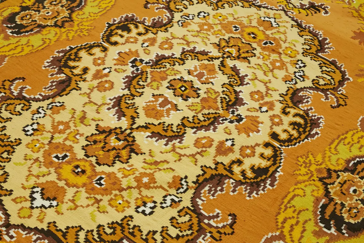 Moldovian Klasik Göbekli Sarı Pamuk Üzerine Yün El Dokuma Kilim-189x285 - Görsel 5