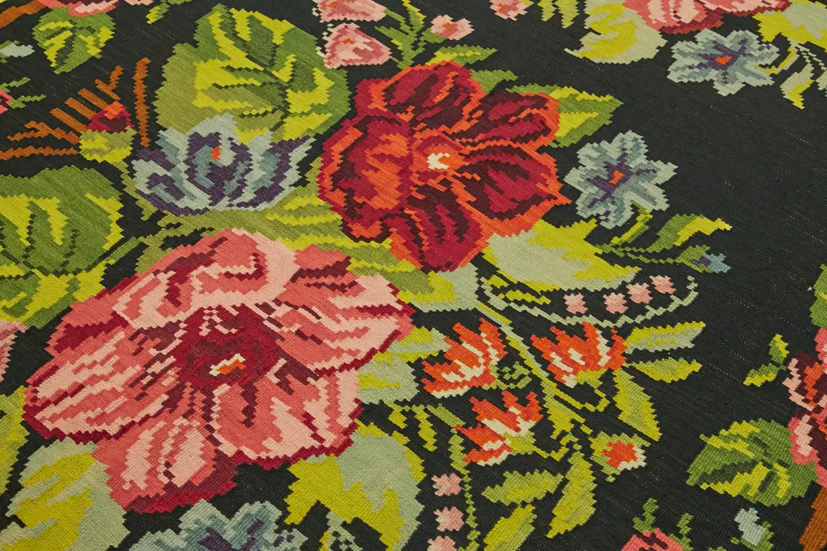 Moldovian Klasik Göbekli Multi Pamuk Üzerine Yün El Dokuma Kilim-193x363 - Görsel 5