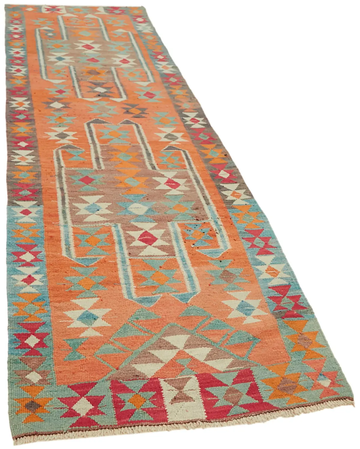 Herki Eskitme Multi Pamuk Üzerine Yün El Dokuma Kilim-103x338 - Görsel 2