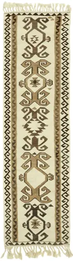 Herki Eskitme Beyaz Pabek Üzerine Yün El Dokuma Kilim-104x336